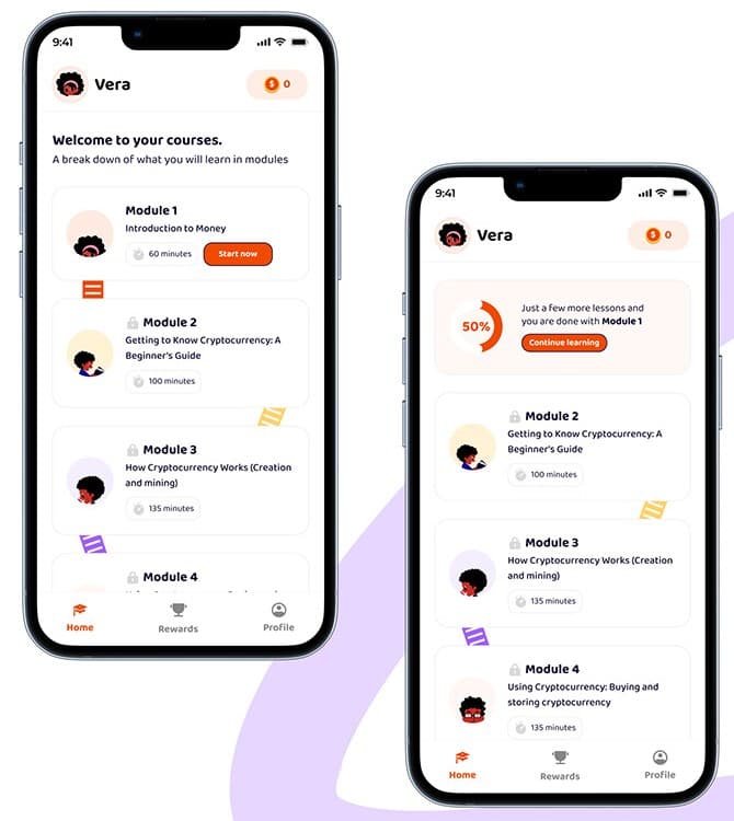 BitGo home screen listing learning modules, and a version showing 50% progress through Module 1 with a Continue learning button