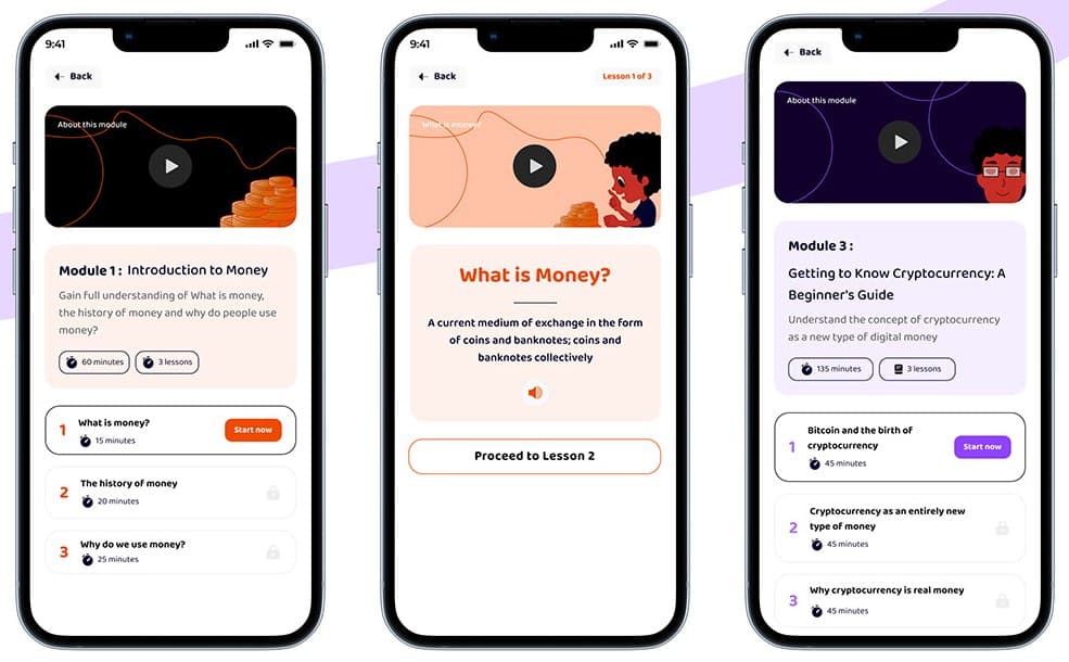 Three BitGo module screens: Introduction to Money in orange, a What is Money? lesson, and Module 3 on cryptocurrency in purple