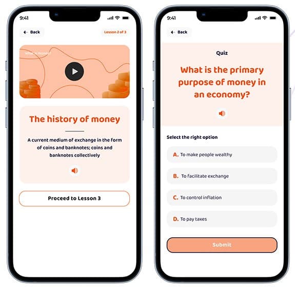 A History of Money lesson screen and a multiple-choice quiz asking the primary purpose of money