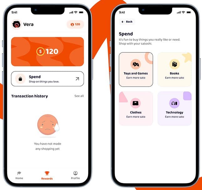 BitGo rewards wallet showing a 120 balance, and a Spend screen with categories for toys and games, books, clothes and technology