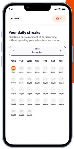 A daily streaks calendar for December 2023 showing $10 rewards per day