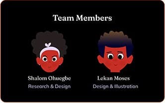 Illustrated team card: Shalom Ohuegbe, Research & Design, and Lekan Moses, Design & Illustration