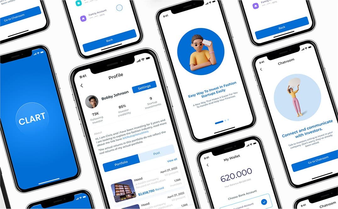 A collage of Clart Finance screens: splash screen, investor profile, onboarding, wallet and investor chatroom
