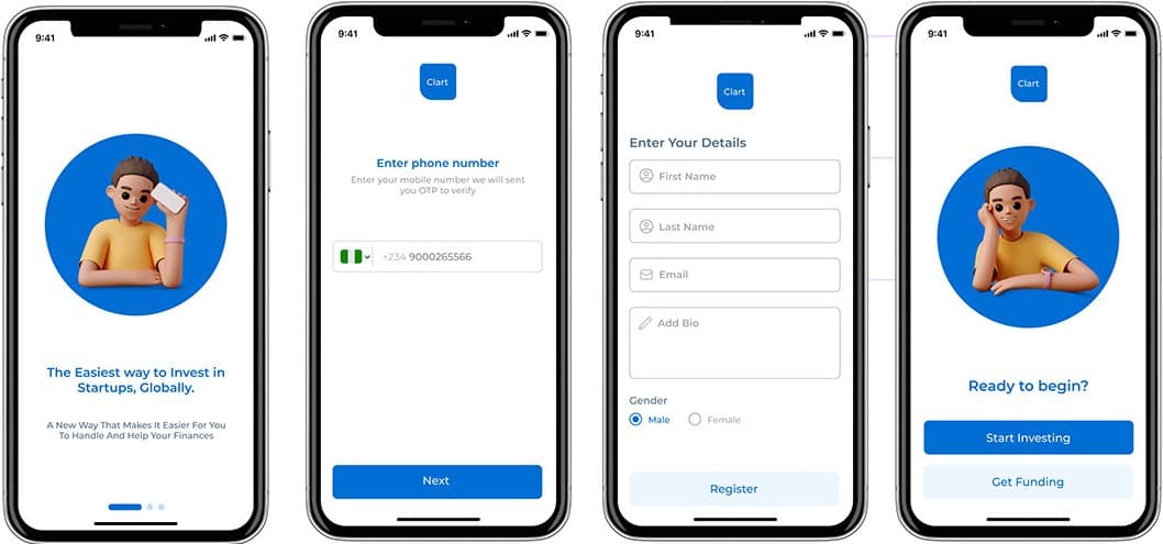 Four onboarding screens: welcome, phone number entry, personal details form, and Ready to begin with Start Investing and Get Funding options