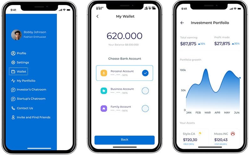 Three screens: the side menu with wallet, portfolio and chatroom options, a wallet with bank account choices, and an investment portfolio growth chart