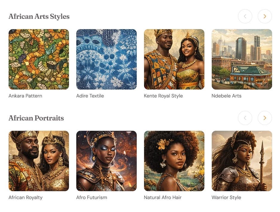 Close-up of SabiPT’s African Arts Styles presets (Ankara Pattern, Adire Textile, Kente Royal Style, Ndebele Arts) and African Portraits gallery