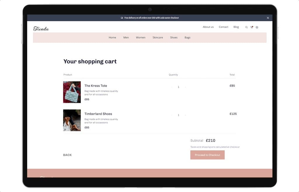 Shopping cart with two items, a subtotal of £210 and a Proceed to Checkout button