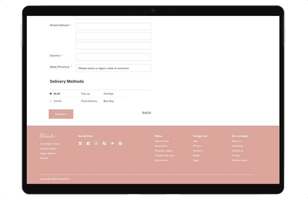 Checkout form with address fields and delivery method options