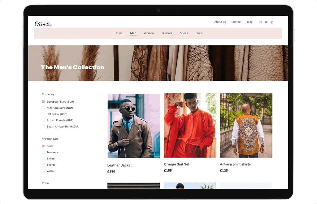 The Men’s Collection page with currency and product-type filters beside photos of models wearing a leather jacket, orange suit set and Ankara print shirt