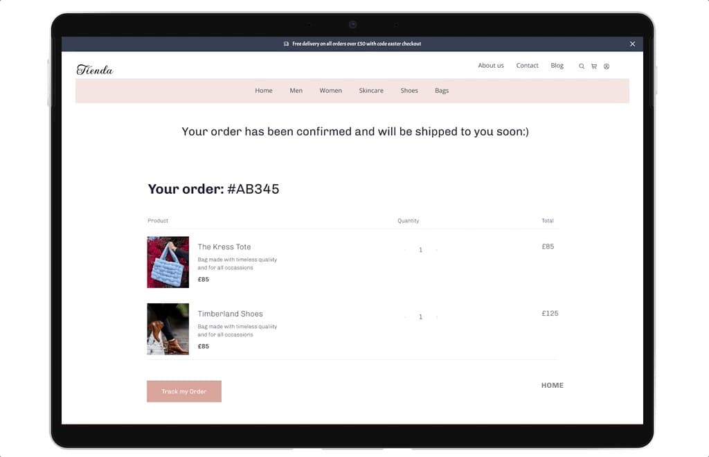 Order confirmation: Your order has been confirmed and will be shipped to you soon, order #AB345, with a Track my order button