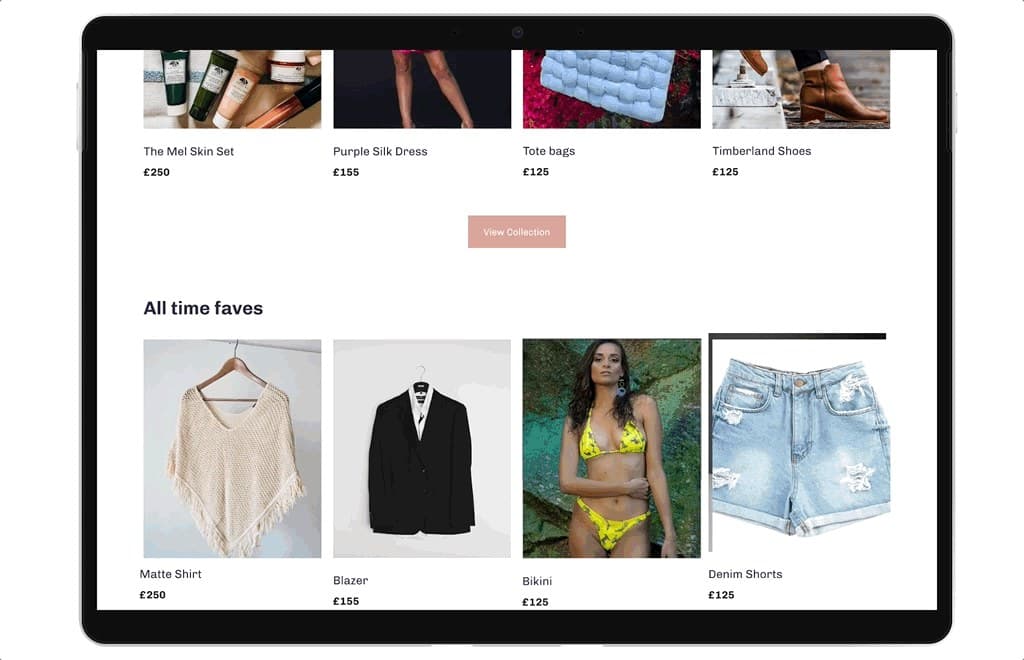 An All time faves product row: matte shirt, blazer, bikini and denim shorts with prices