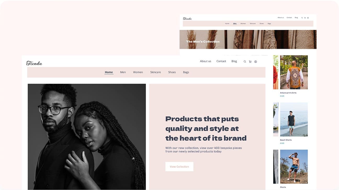 Tienda homepage with a black-and-white portrait and the headline Products that puts quality and style at the heart of its brand, beside the Men’s Collection page