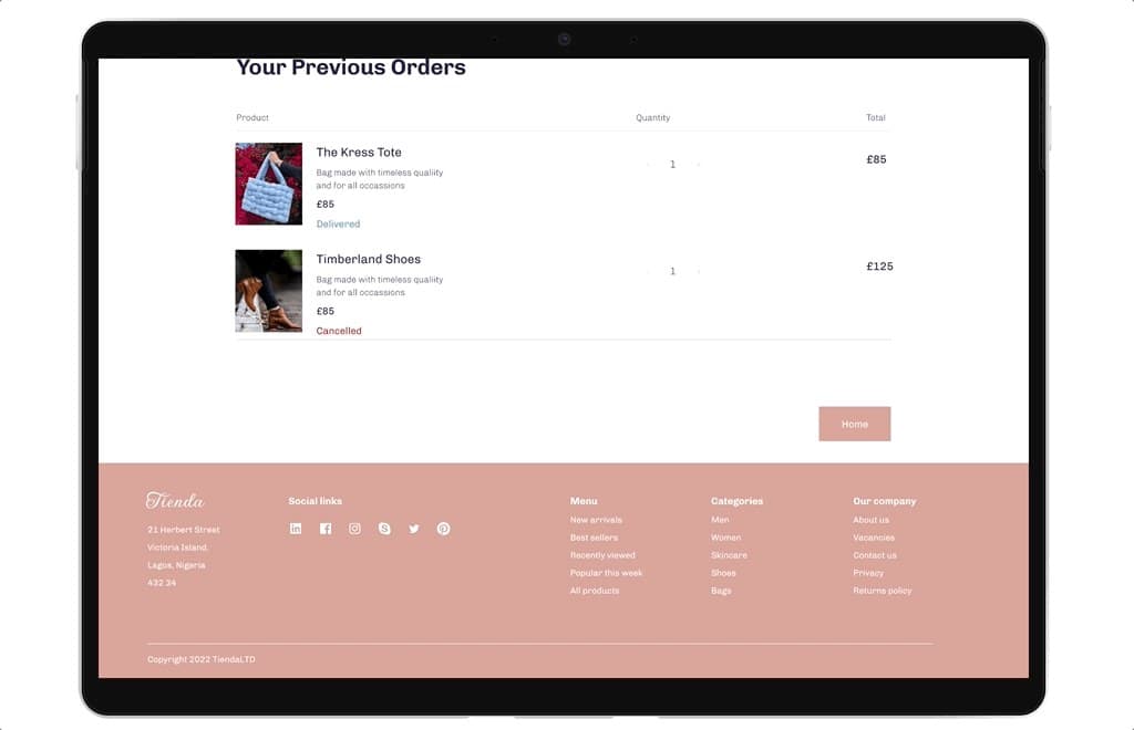 Your Previous Orders page listing a delivered tote and cancelled shoes