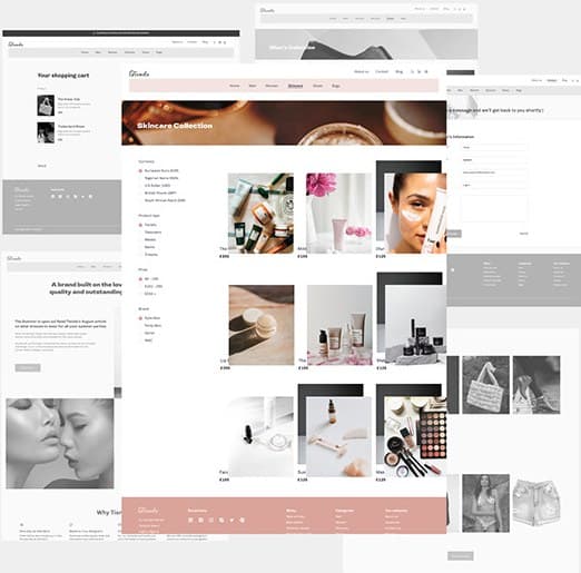 A spread of Tienda pages: shopping cart, skincare collection with filters, a blog page and a contact form