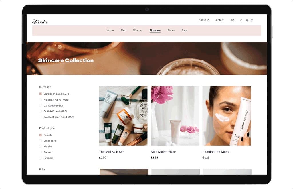 The Skincare Collection page with currency and product-type filters beside skincare products
