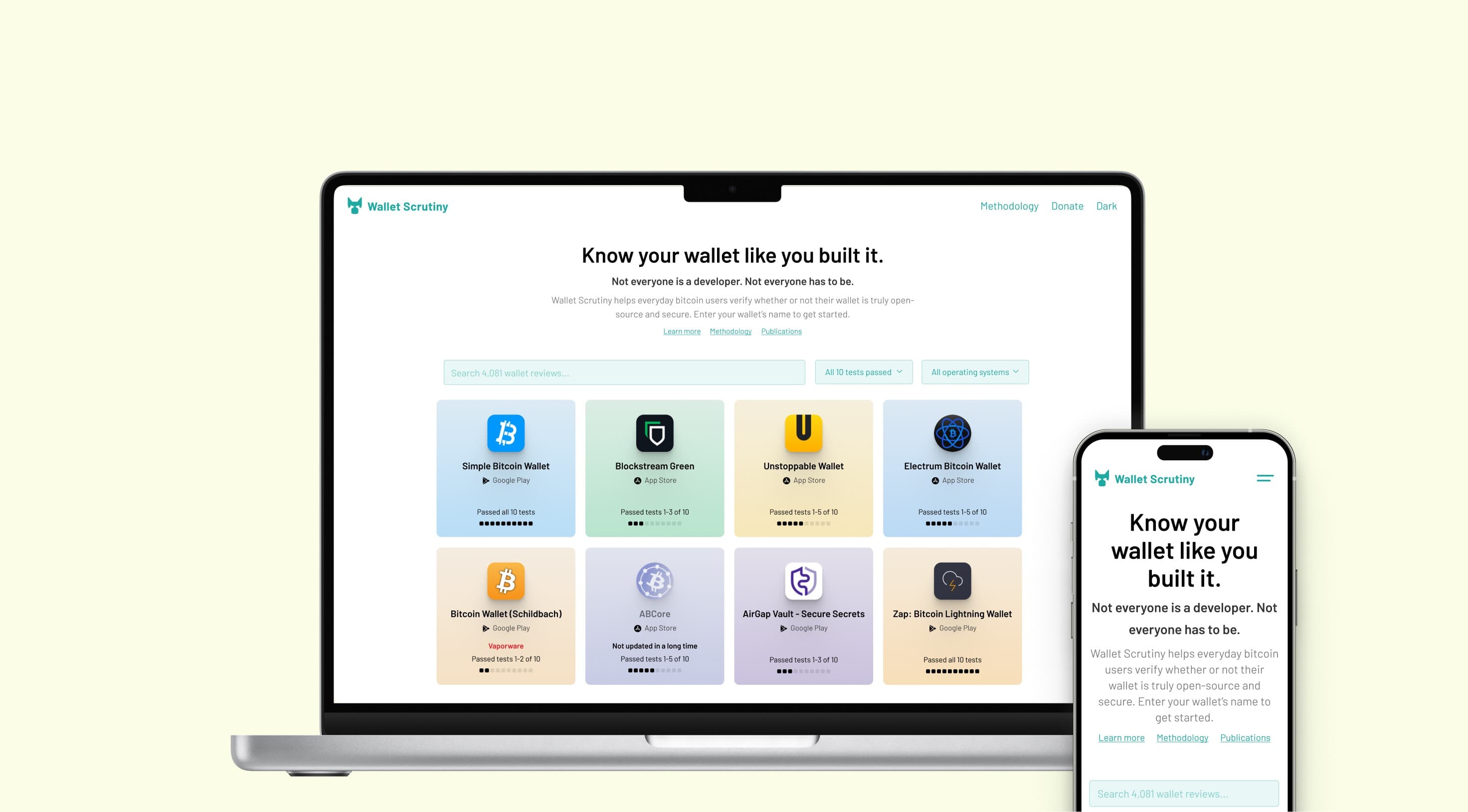 Wallet Scrutiny on laptop and phone