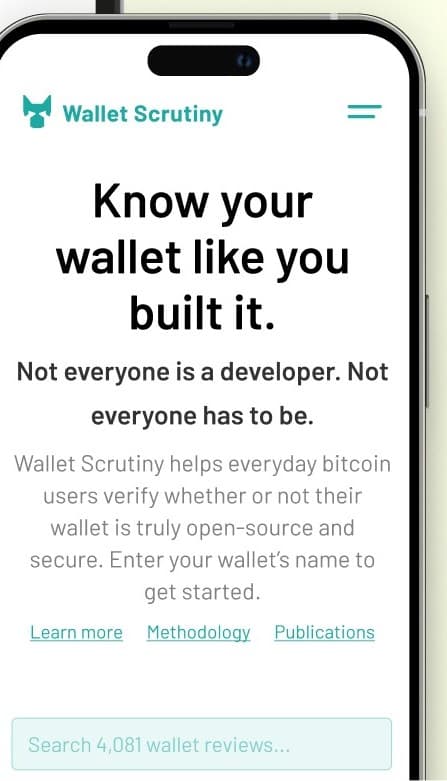 The Wallet Scrutiny homepage on a phone: headline, explanation, links and search
